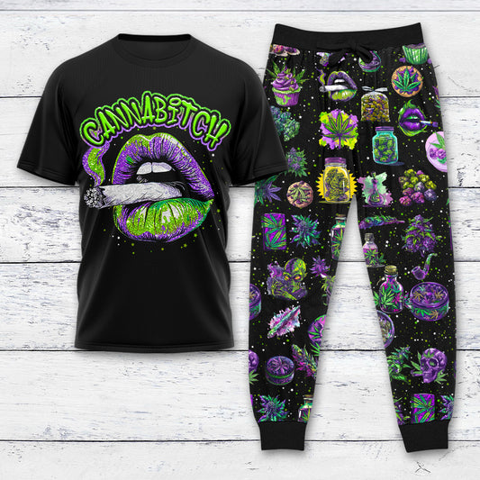 Purple Cannabitch T-shirt And Pants Set